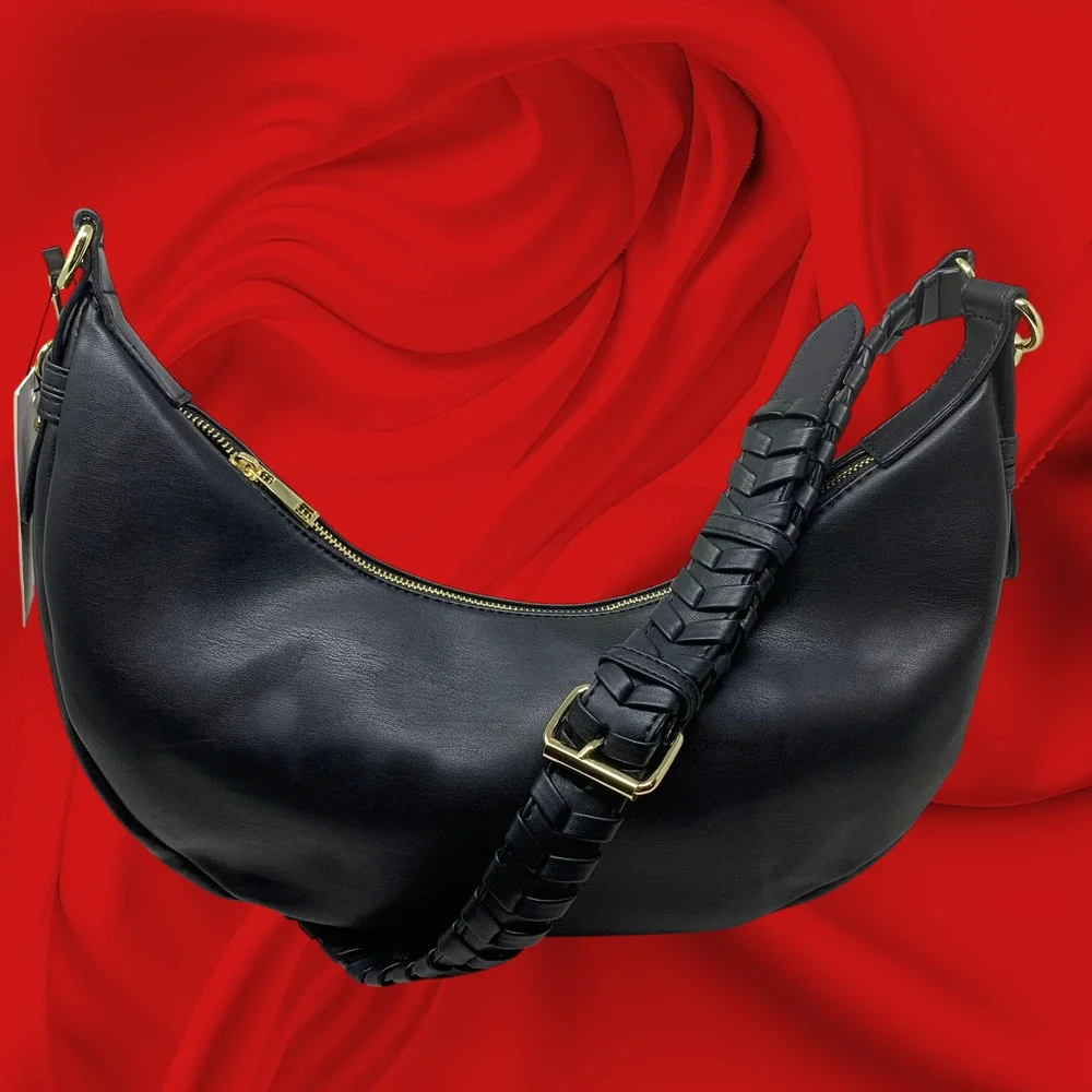 NWT Jules Kae Zola Black Vegan Leather Crescent Hobo Shoulder Bag Braided Strap
